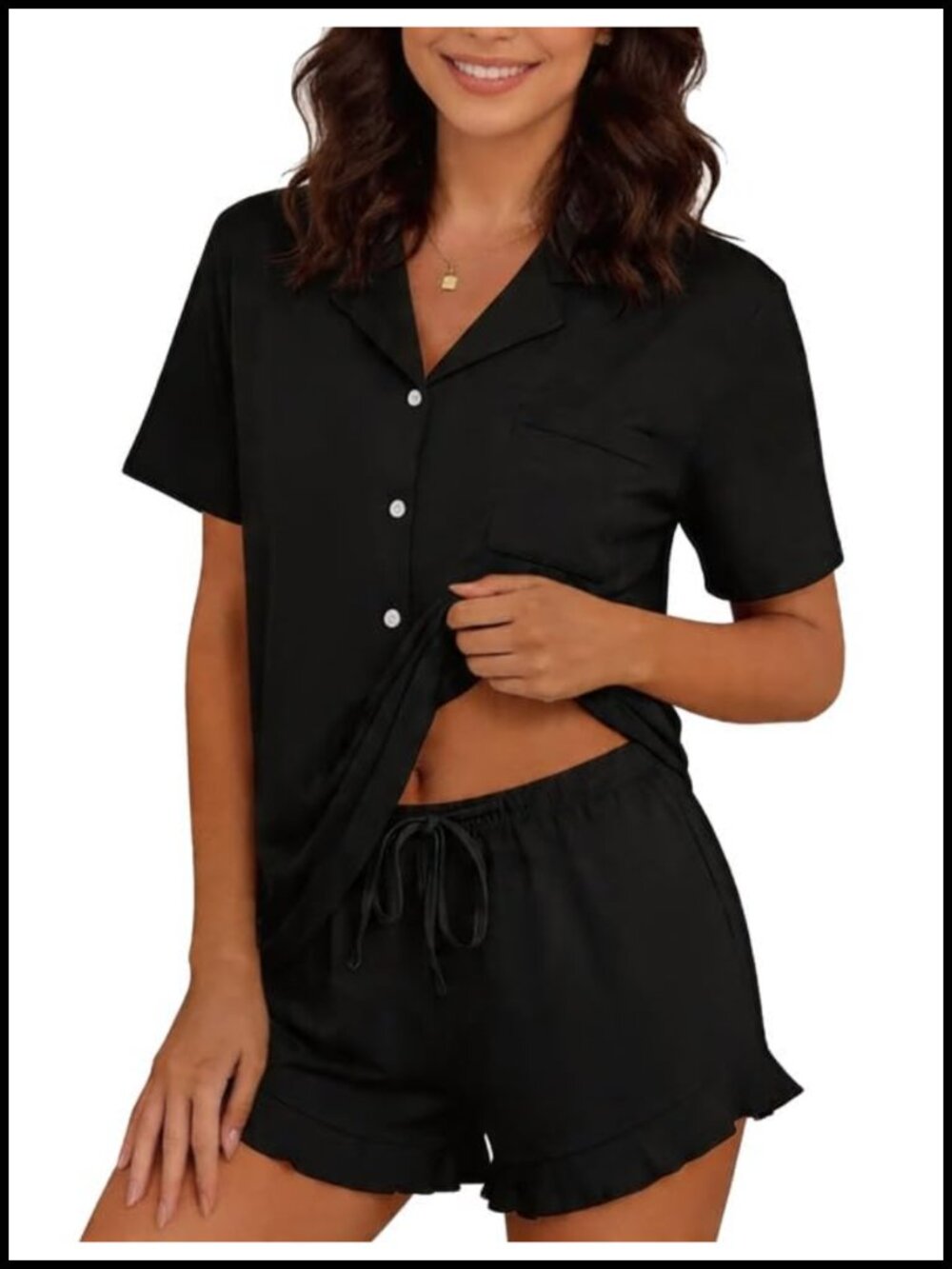 Womens Button Down Pajama Set Short Sleeve Ruffle Hem Shorts 2 Piece Lounge